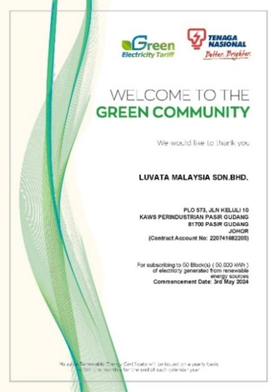 LuvataMalaysia's Green Electricity Tariff Certificate