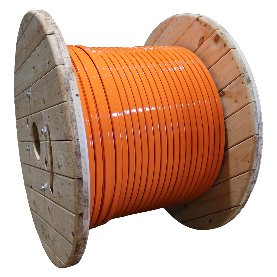 Orange PA12 insulated copper busbar on a wooden wheel