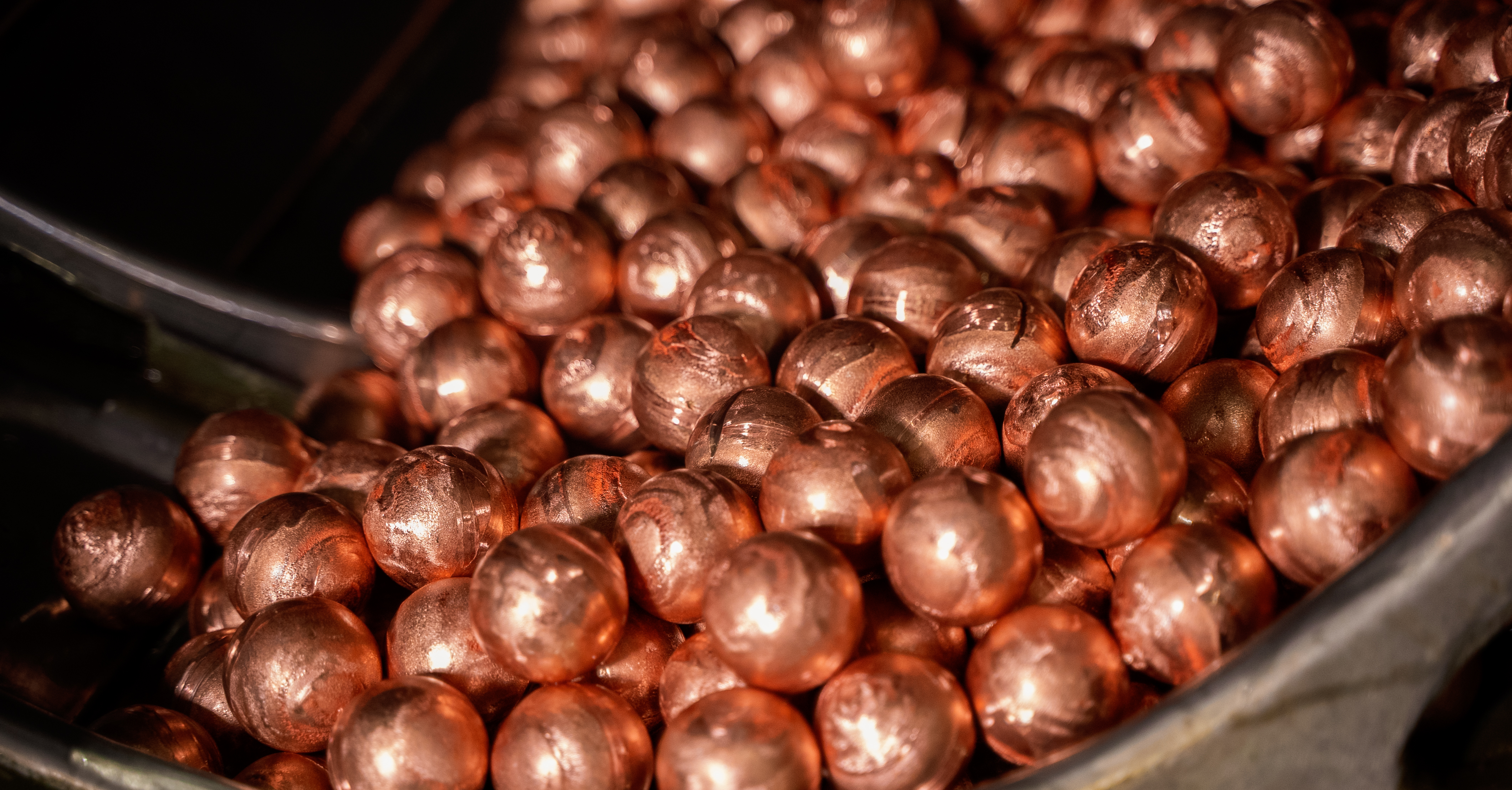 Round copper anodes for electroplating in production.