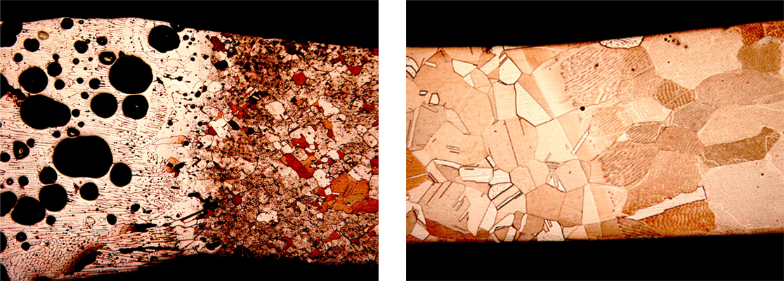 Comparison of hydrogen embrittlement in TIG welded, ETP (left) versus Luvata’s TIG welding seam in oxygen-free OF-OK® copper (right).