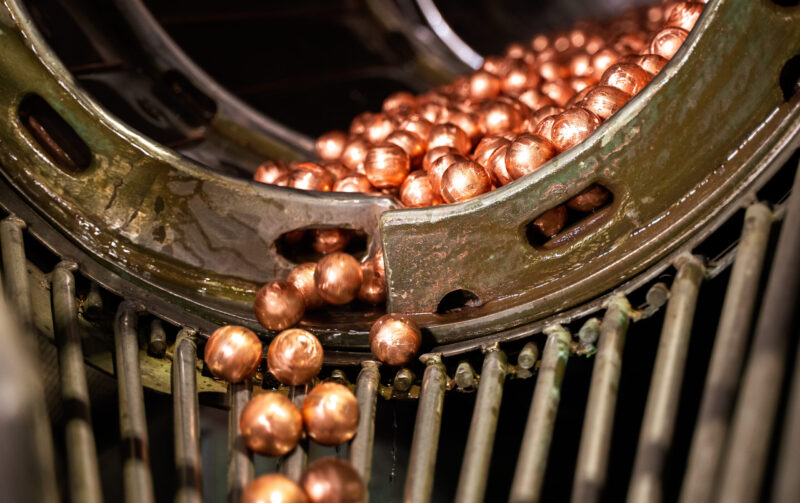 Round copper anodes for electroplating in production.